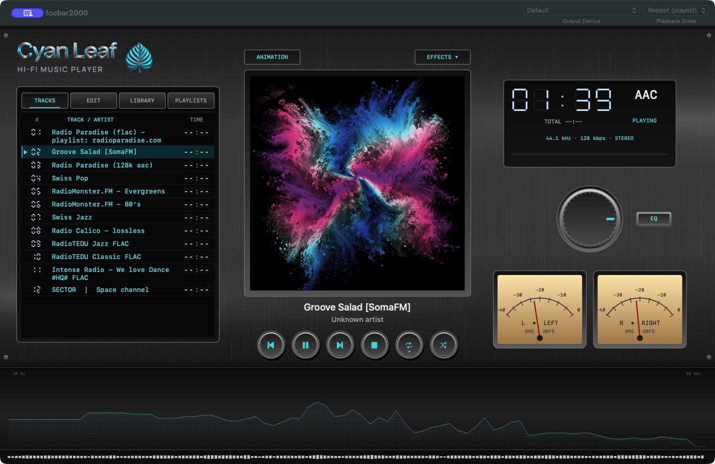 Cyan Leaf with the updated radio playlist, Stardust Symphony visuals, cyan controls and analog VU meters